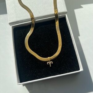 Elegant Gold Zodiac Herringbone Snake Necklace with CZ Aries Pendant Charm